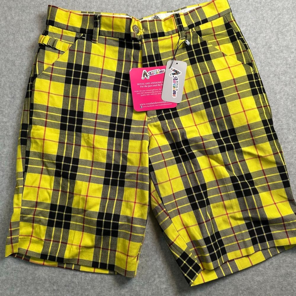 Royal & Awesome Loud MacLeod Tartan Golf Shorts Mens 30 Yellow Plaid NWT 9"